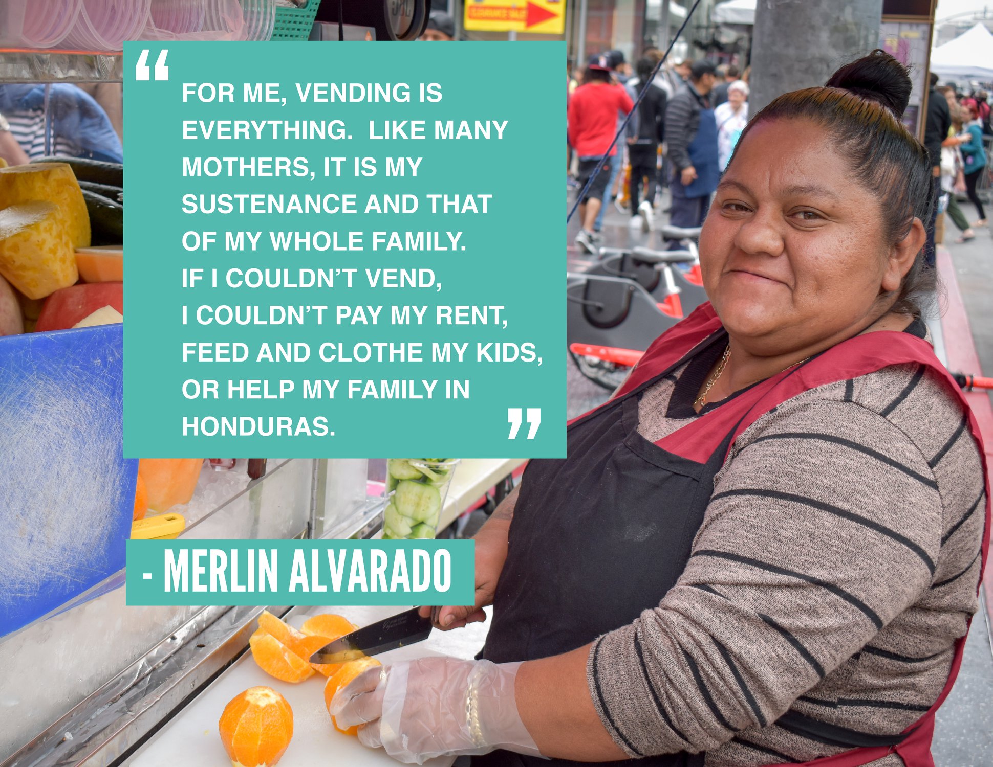 Street vendor Merlin cutting oranges at her stand